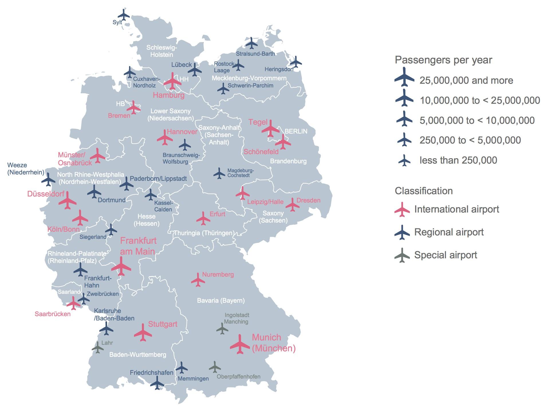 Mapa del aeropuerto de Alemania Mapa de Alemania que muestra los