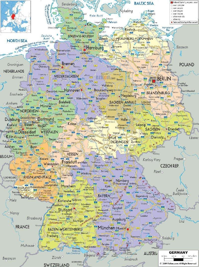 mapa de carreteras de Alemania con las ciudades y pueblos
