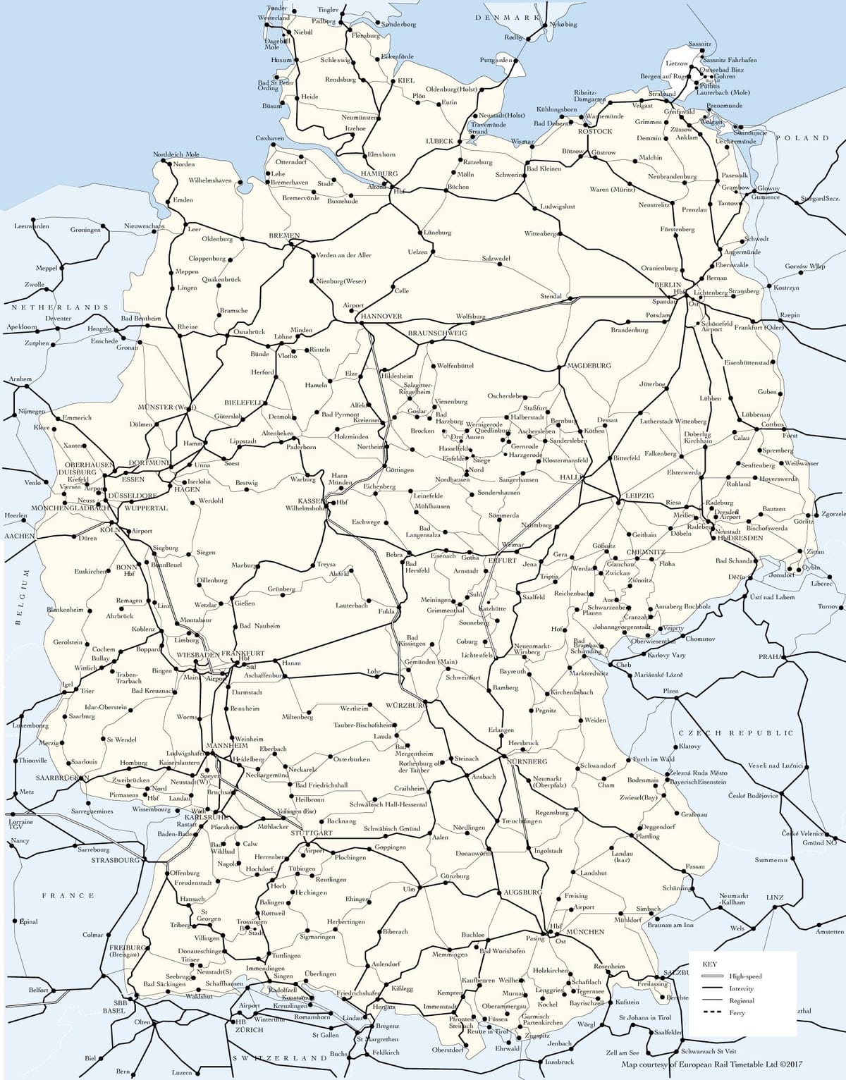 mapa de las rutas de trenes de Alemania