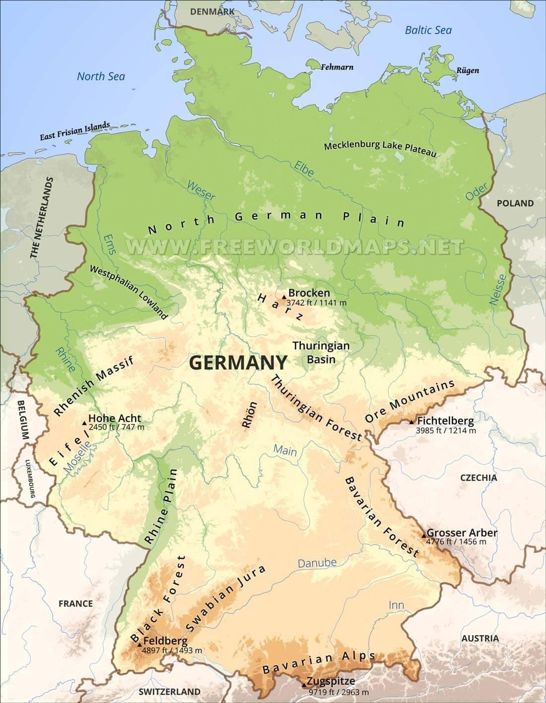 el mapa topográfico de Alemania