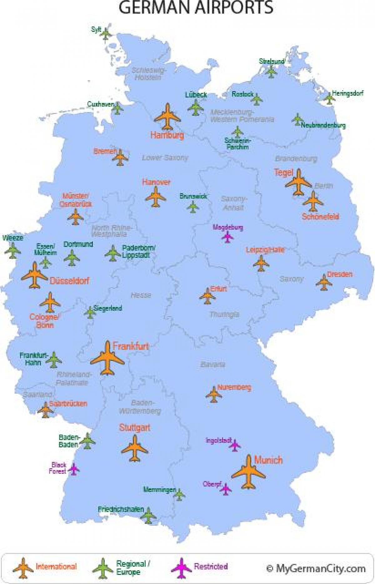 los principales aeropuertos en el mapa de Alemania